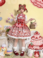 Sweet Lolita Tea Party Fashion Red Strawberry Bear Printed Red Dress
