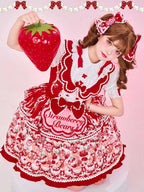 Sweet Lolita Tea Party Fashion Red Strawberry Bear Printed Red Dress
