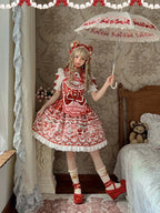 Sweet Lolita Tea Party Fashion Red Strawberry Bear Printed Red Dress