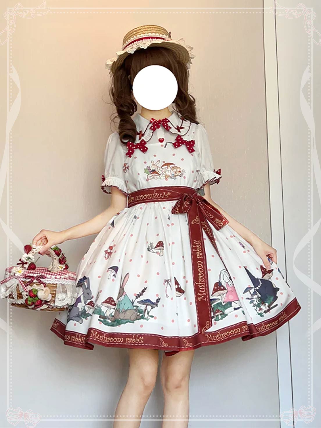 Sweet Lolita White Apricot Idyllic Mushroom Bunny Print Dress Jumper Skirt