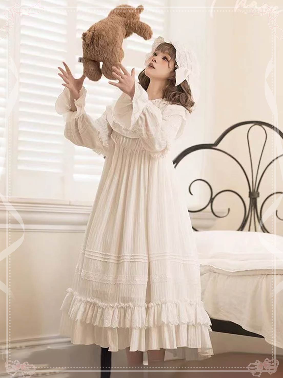 Lolita Fashion Nightdress - Soft Cotton Ivory Victorian Style Nightgown