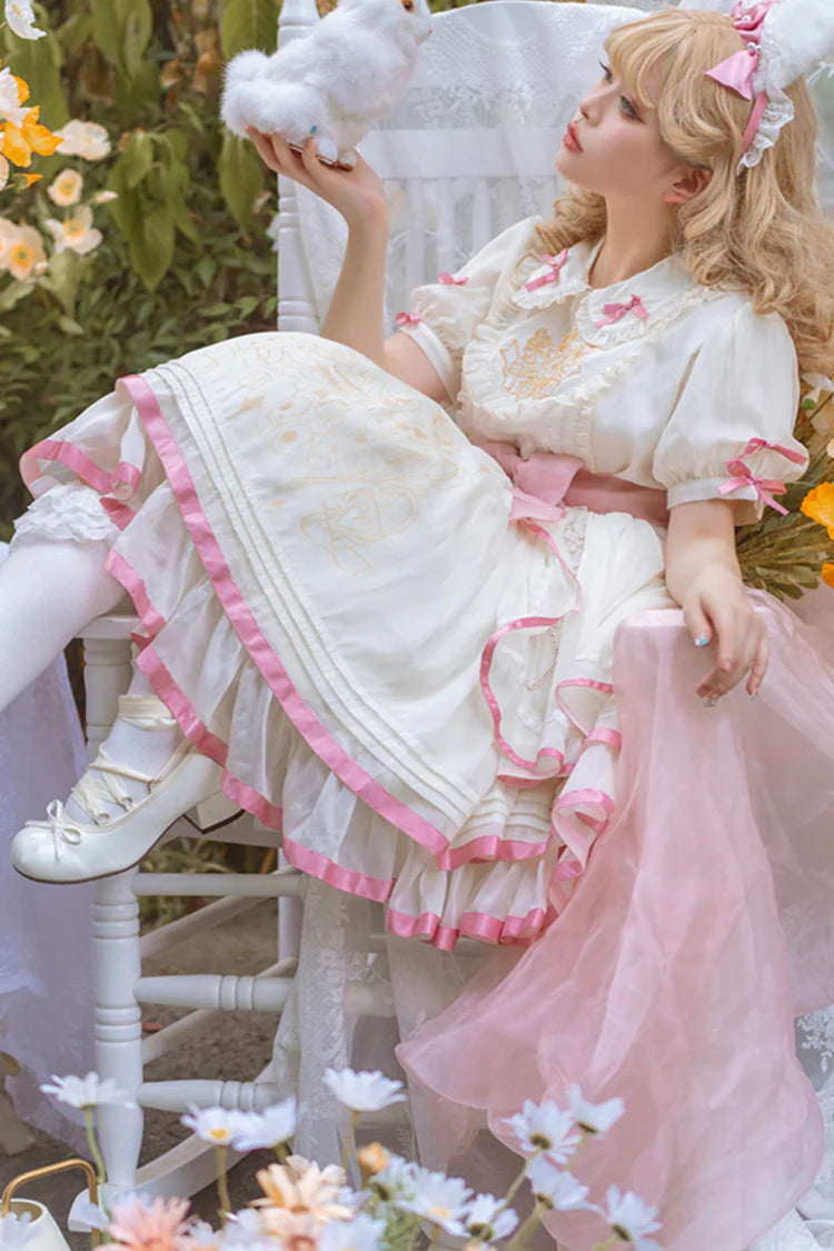 Design Concept:
Delight in playful elegance with this Sweet Lolita dress in soft white and pink tones. Featuring short sleeves, multi-layered ruffles, and charming bow accents, it exudes a sweet and refined aesthetic. The flowing silhouette enhances a graceful look, making it perfect for tea parties, casual outings, or themed gatherings. Comfortable and visually enchanting, this dress brings a youthful, princess-like charm to any Lolita wardrobe.
