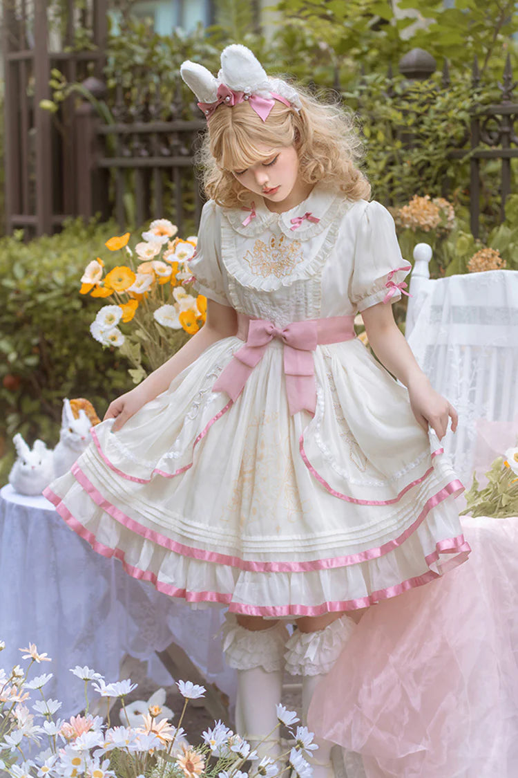 Design Concept:
Delight in playful elegance with this Sweet Lolita dress in soft white and pink tones. Featuring short sleeves, multi-layered ruffles, and charming bow accents, it exudes a sweet and refined aesthetic. The flowing silhouette enhances a graceful look, making it perfect for tea parties, casual outings, or themed gatherings. Comfortable and visually enchanting, this dress brings a youthful, princess-like charm to any Lolita wardrobe.