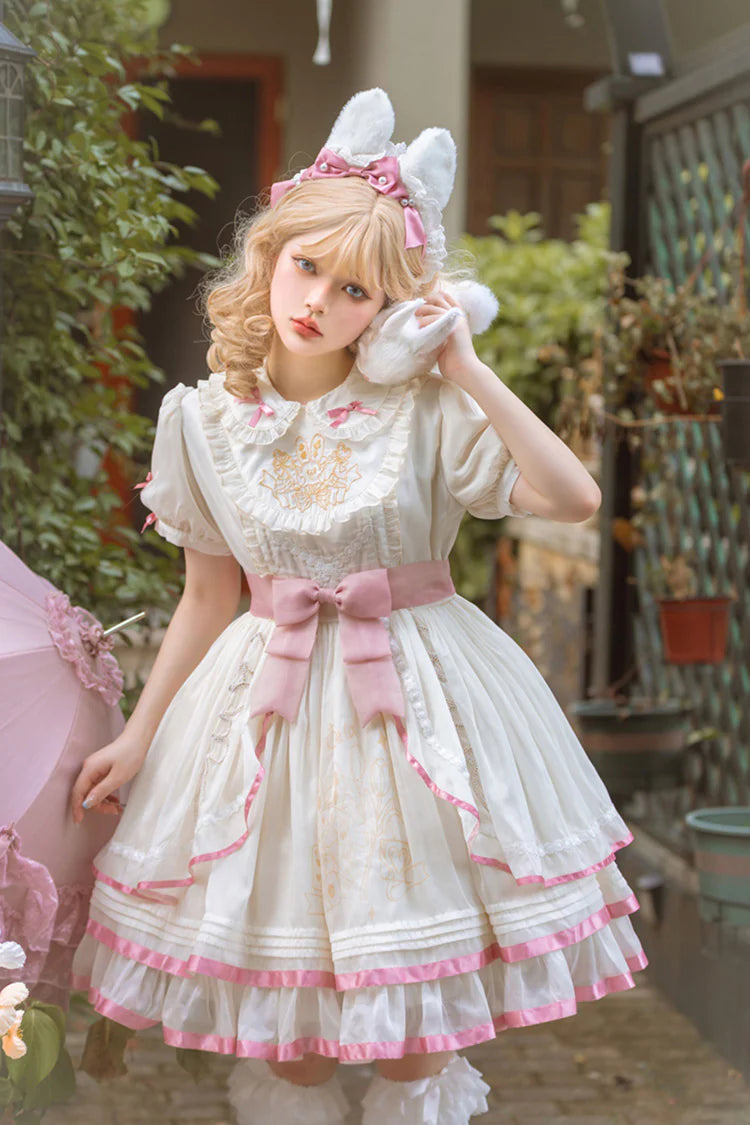 Design Concept:
Delight in playful elegance with this Sweet Lolita dress in soft white and pink tones. Featuring short sleeves, multi-layered ruffles, and charming bow accents, it exudes a sweet and refined aesthetic. The flowing silhouette enhances a graceful look, making it perfect for tea parties, casual outings, or themed gatherings. Comfortable and visually enchanting, this dress brings a youthful, princess-like charm to any Lolita wardrobe.