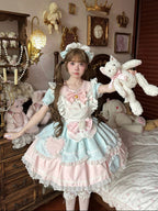 Sweet Tea Girl Sweet Lolita Pleats Decorative Soft Toned Blue Pink Dress Ice Cream Cake Dress