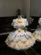 Sweet Tea Girl Sweet Lolita Pleats Decorative Soft Toned Blue Yellow Dress Ice Cream Cake Dress