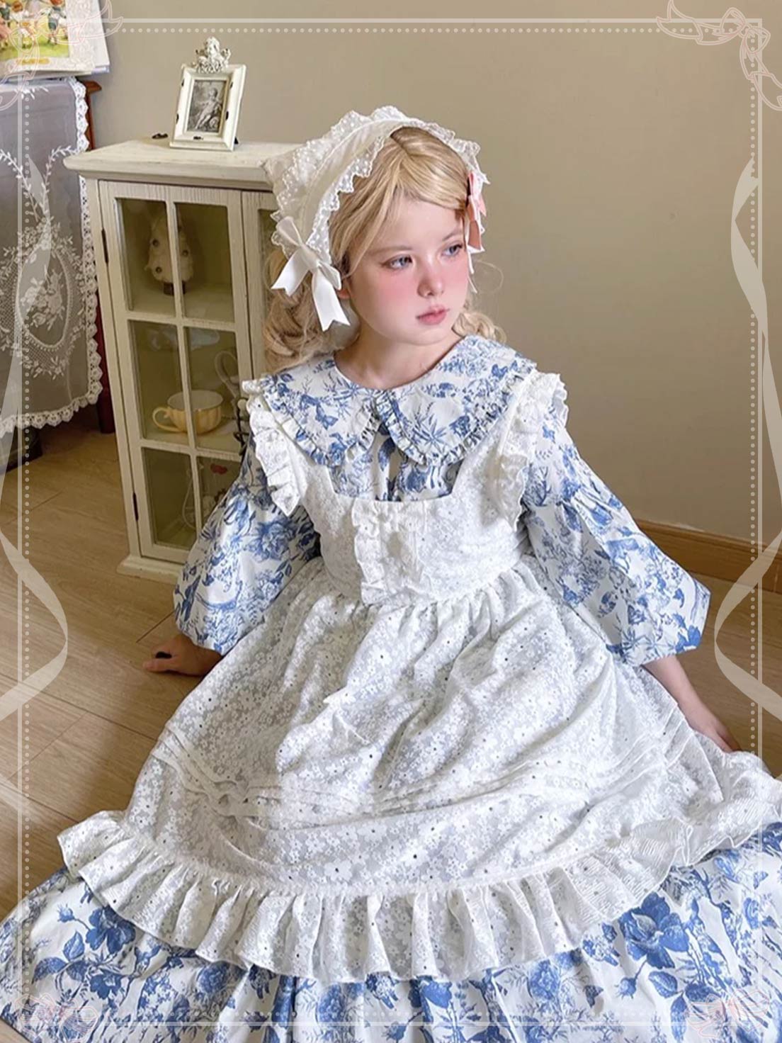 Sweet White Floral Lolita Dress Layer Apron Mid-Length Tie-Up JSK