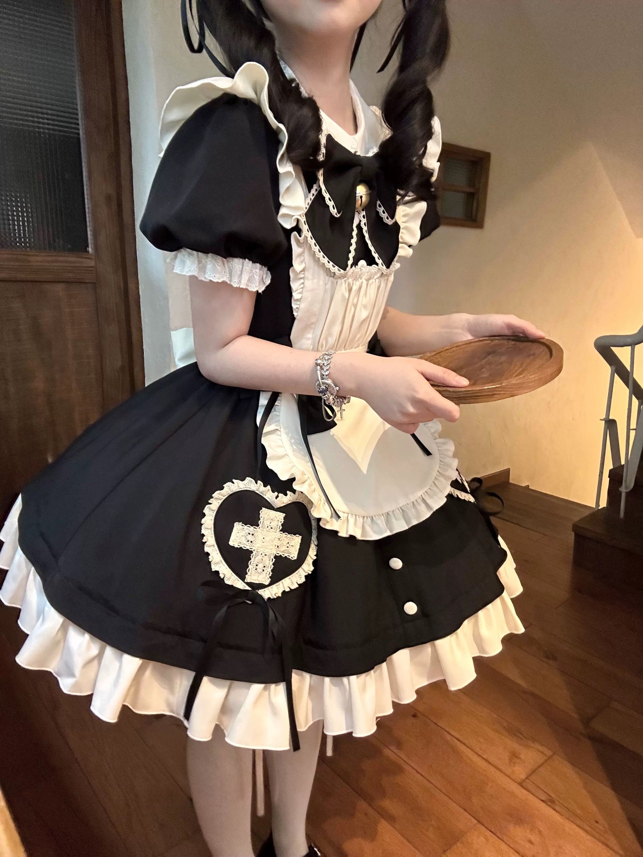 Sweet Lolita Maid Outfit Black with Bow Ruffle Short Dress