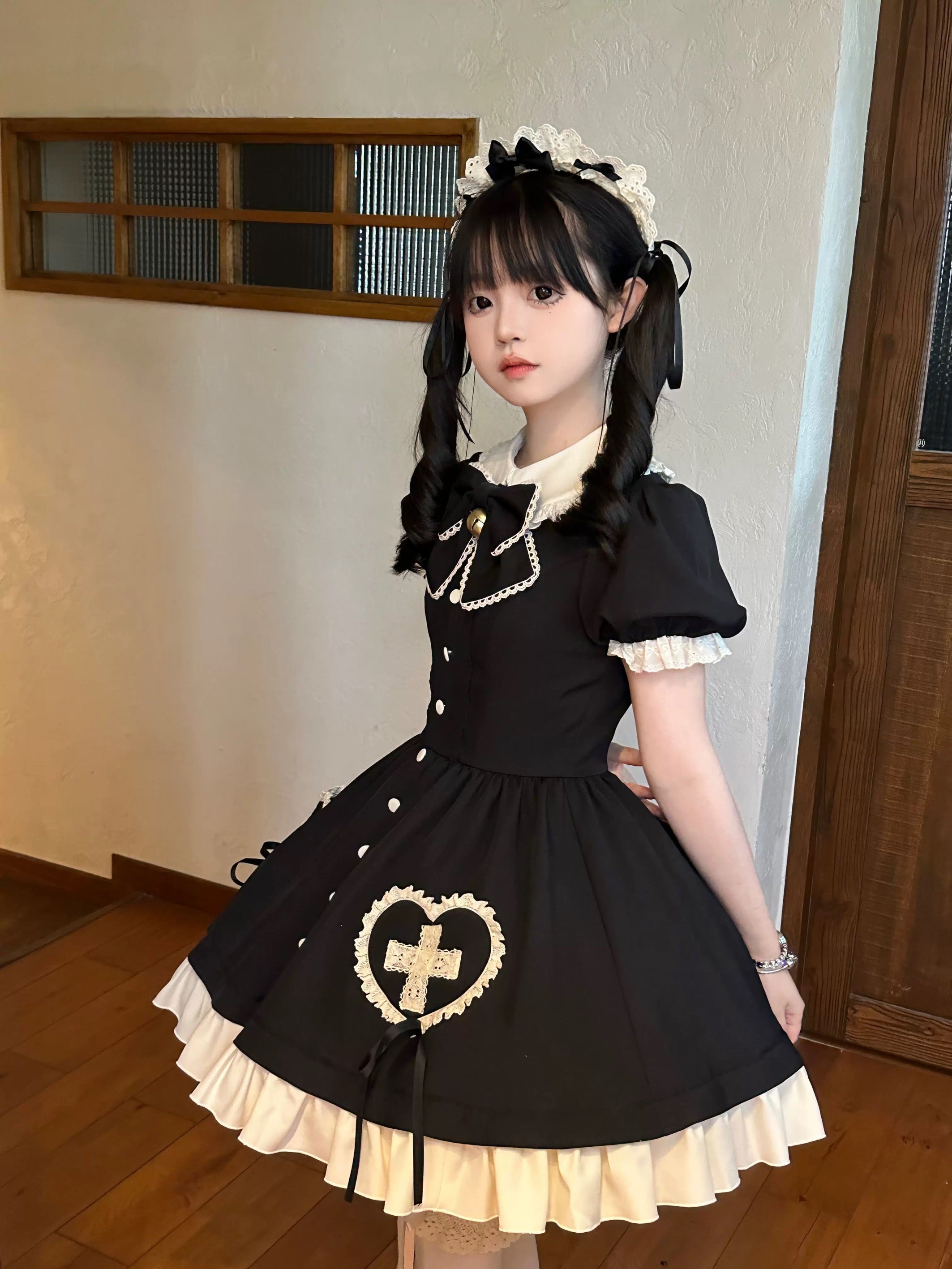 Sweet Lolita Maid Outfit Black with Bow Ruffle Short Dress