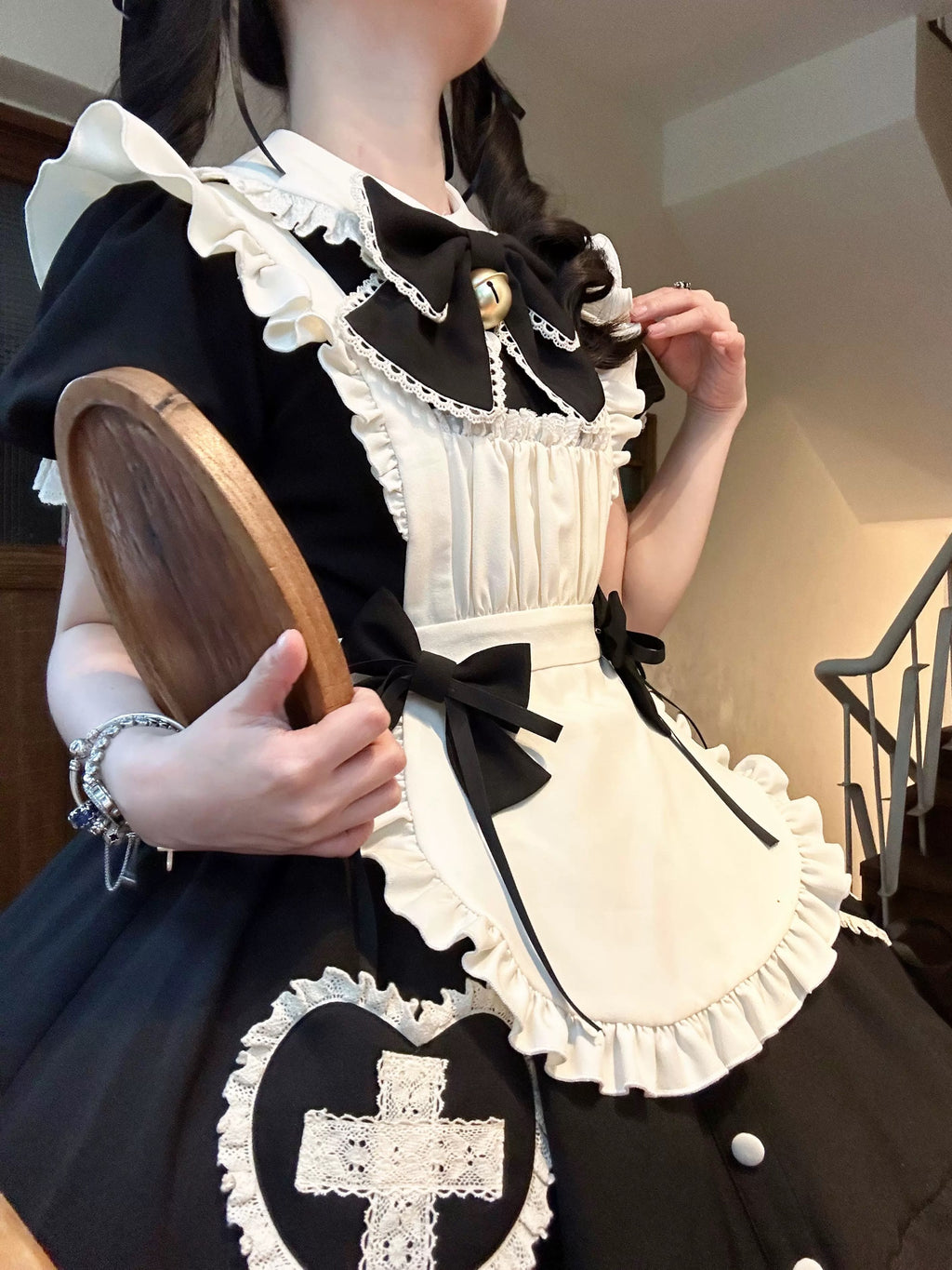 Sweet Lolita Maid Outfit Black with Bow Ruffle Short Dress