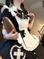 Sweet Lolita Maid Outfit Black with Bow Ruffle Short Dress