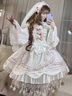 Hime Lolita White Wedding Bridal Veil Bow Jacquard Cotton Removable Sleeve Outfit