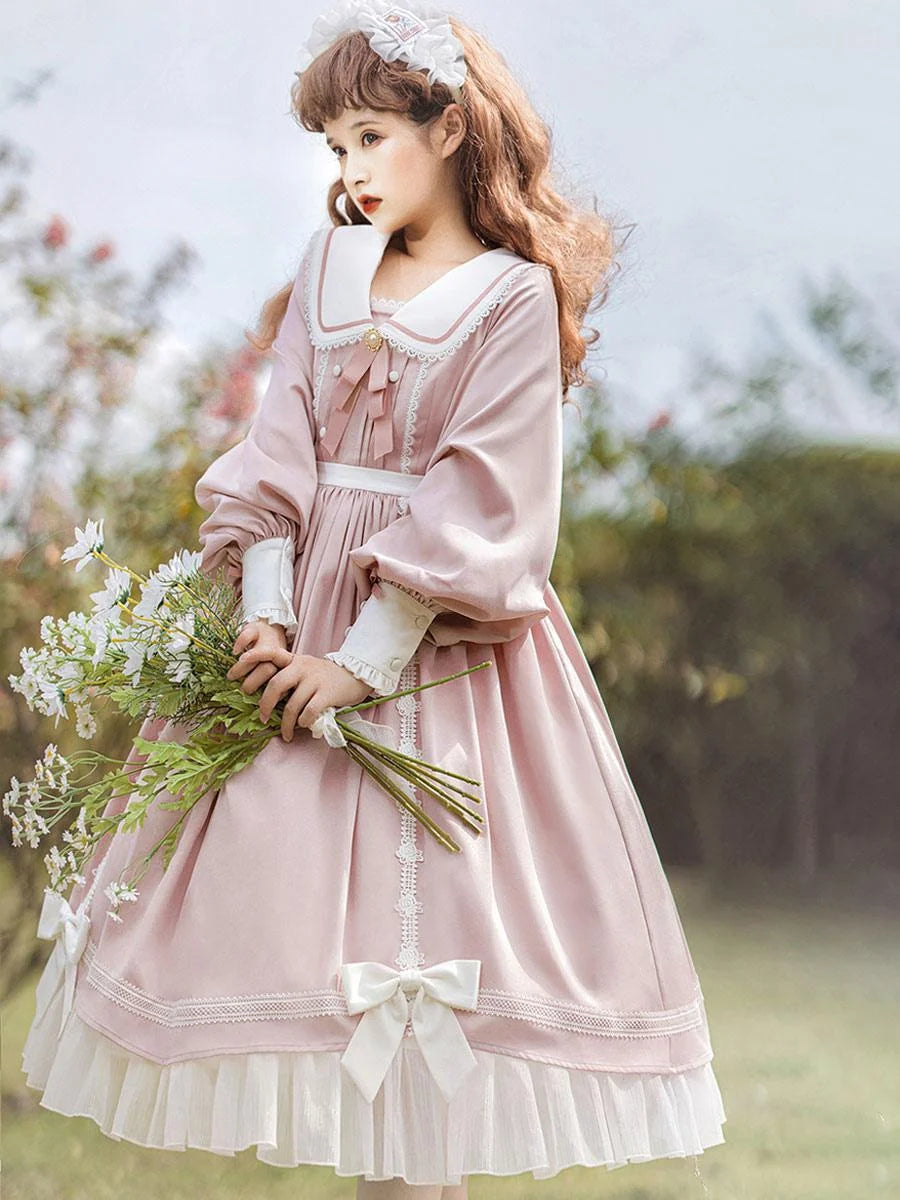 Sweet Lolita Classic Pink Square Neck Ruffle Long Sleeve Ruffle School Uniform Daily Light Lolita