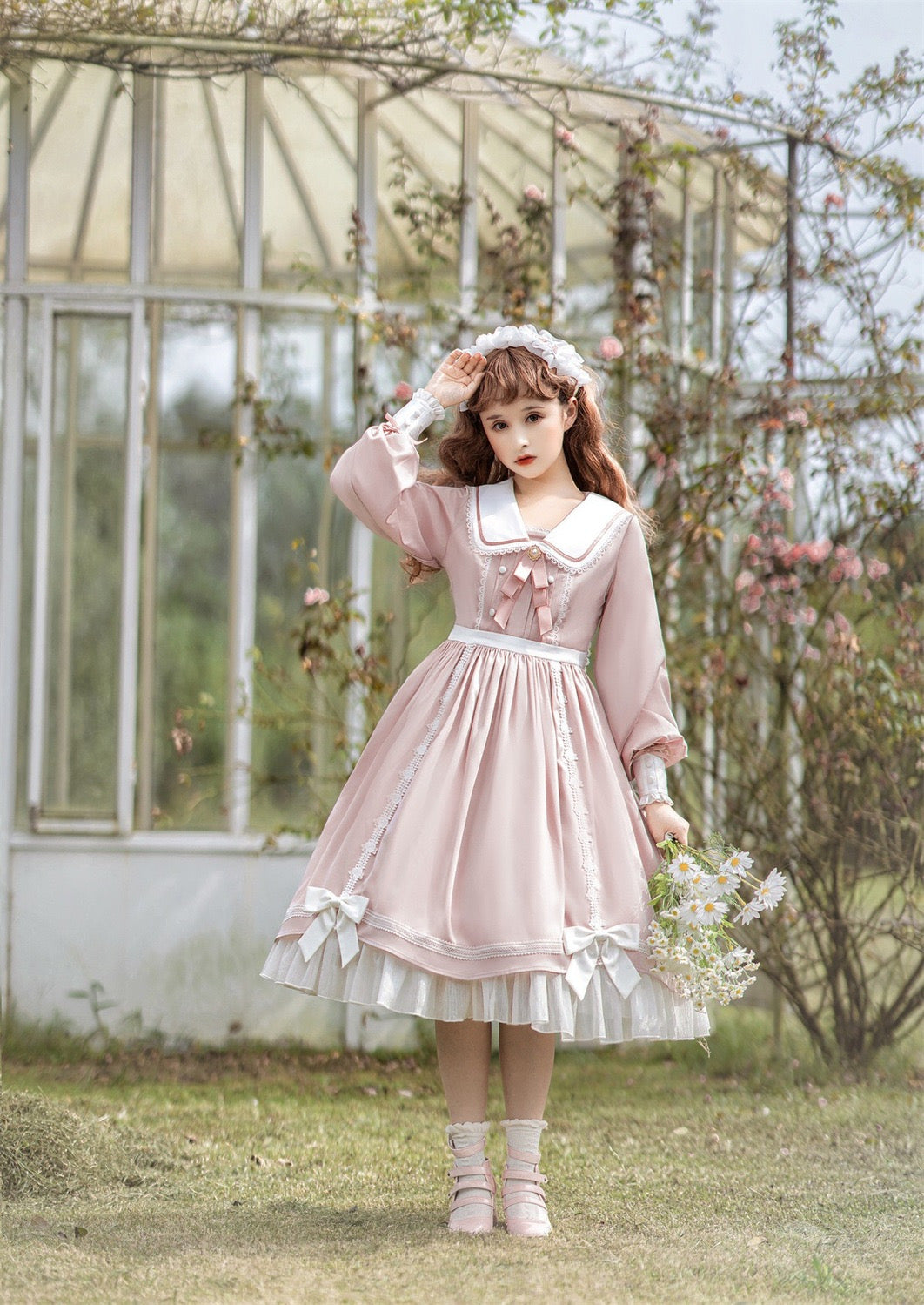 Sweet Lolita Classic Pink Square Neck Ruffle Long Sleeve Ruffle School Uniform Daily Light Lolita