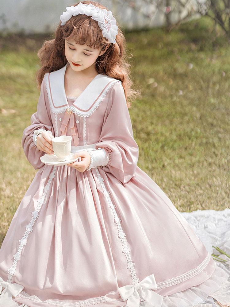 Sweet Lolita Classic Pink Square Neck Ruffle Long Sleeve Ruffle School Uniform Daily Light Lolita