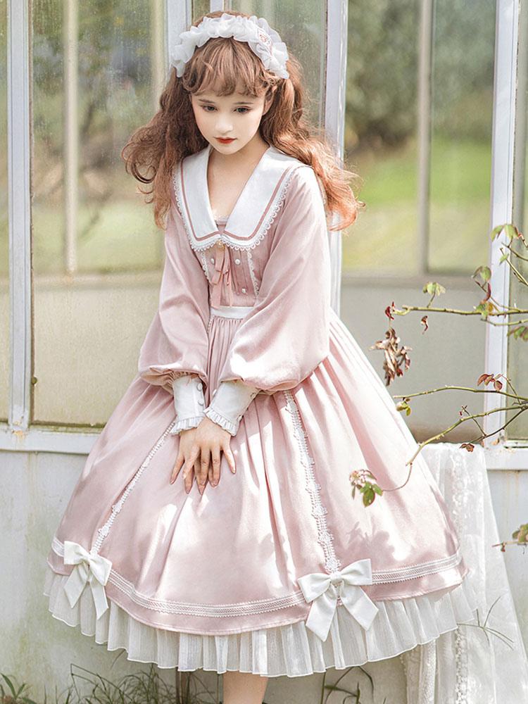 Sweet Lolita Classic Pink Square Neck Ruffle Long Sleeve Ruffle School Uniform Daily Light Lolita