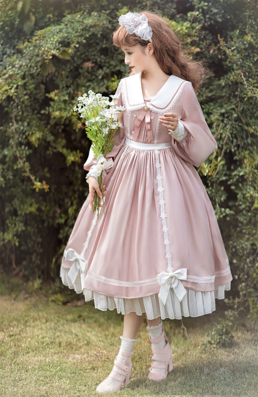 Sweet Lolita Classic Pink Square Neck Ruffle Long Sleeve Ruffle School Uniform Daily Light Lolita