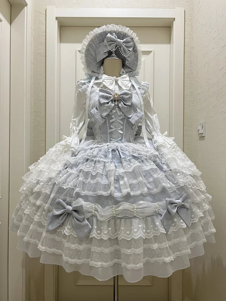 Hime Lolita Tea Party FashionBlue Pink White Wedding Dress Multi-layer Sleeveless JSK Dress Lolita Autumn/winter