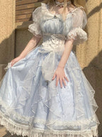 Hime LolitaTea Party Fashion Blue Long Dress Jacquard Ball Gown Prom Graduation Ceremony
