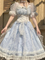 Hime LolitaTea Party Fashion Blue Long Dress Jacquard Ball Gown Prom Graduation Ceremony