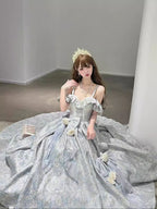 Hime LolitaTea Party Fashion Blue Long Dress Jacquard Ball Gown Prom Graduation Ceremony