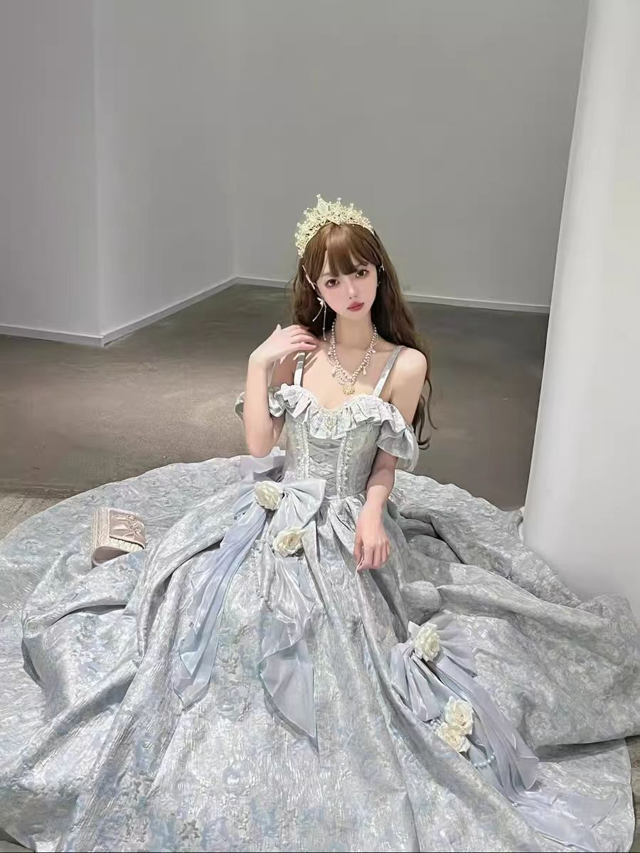 Hime LolitaTea Party Fashion Blue Long Dress Jacquard Ball Gown Prom Graduation Ceremony