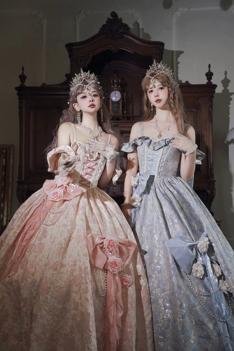 Hime LolitaTea Party Fashion Blue Long Dress Jacquard Ball Gown Prom Graduation Ceremony