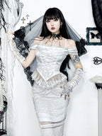 White Goth Dress Suit Women's Top Lace Fishtail Skirt Top Blouse