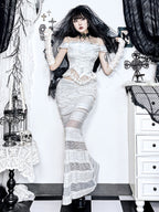 White Goth Dress Suit Women's Top Lace Fishtail Skirt Top Blouse