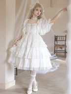 Hime Lolita White Wedding Bridal Short Sleeve Princess Style Polyester Party Dress