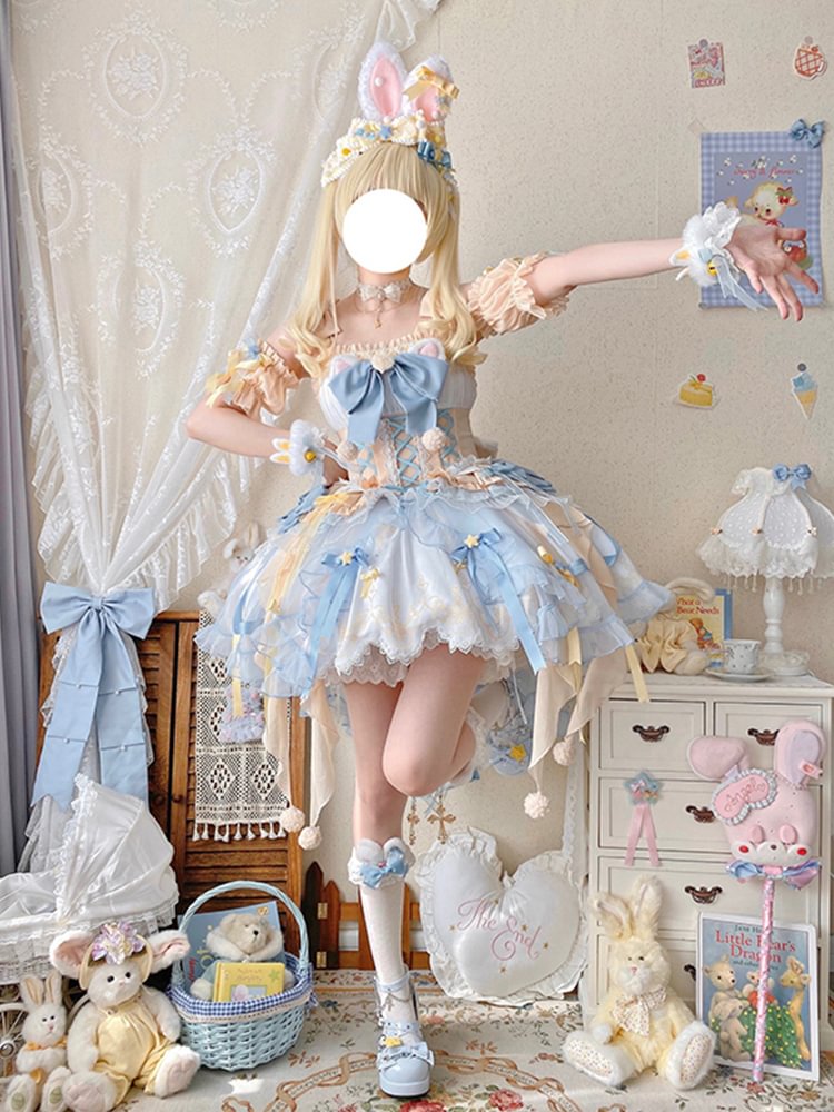 Sweet Lolita Yellow and Blue Flower Cute Robe Princess Dress