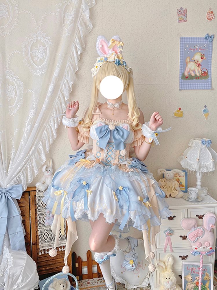 Sweet Lolita Yellow and Blue Flower Cute Robe Princess Dress