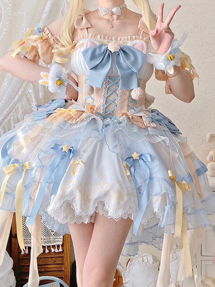 Sweet Lolita Yellow and Blue Flower Cute Robe Princess Dress