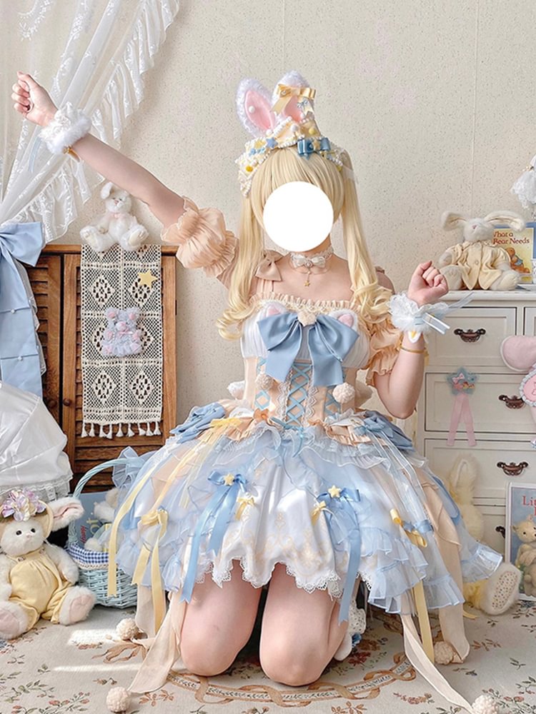 Sweet Lolita Yellow and Blue Flower Cute Robe Princess Dress